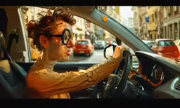a woman in yellow drives a car on the street