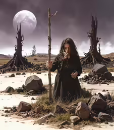 a girl in an old dress standing in desert