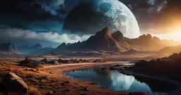 a fantasy scene of mountains, rivers and trees