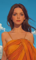 the girl has brown hair and wears an orange dress