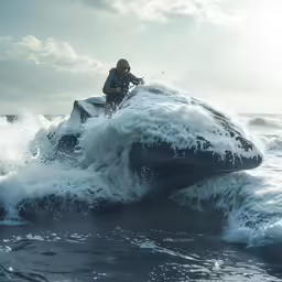 a person riding on the back of a jet ski