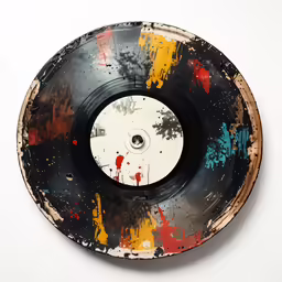 an old record with colored paint and ink
