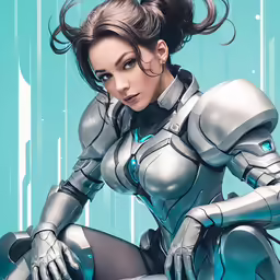 a woman in a futuristic suit poses with her arms crossed