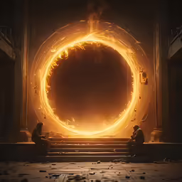 two people sitting next to a fire ring in a building