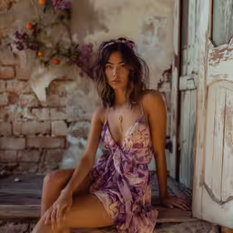 woman sitting on ledge of doorway wearing pink dress,an attractive young woman sitting down with her legs crossed