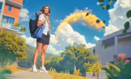 a person stands in front of a building as she looks at a yellow smoke trail