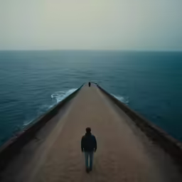 a man walks down a walkway to the water