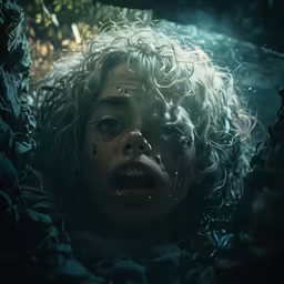a child stares out from the woods as another walks nearby
