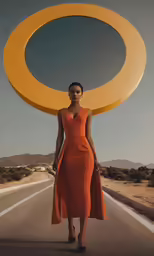 a young woman walks with her arm around the giant object