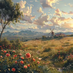 flowers and windmills at the top of a hill,an oil painting of a wind mill in the middle of roses