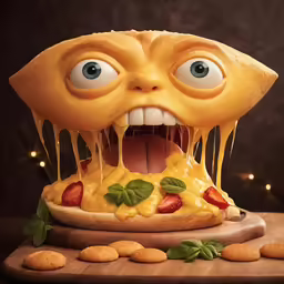 a pizza that has been covered in cheese and is showing its teeth