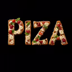 the word pizza spelled out in fruit on top of it