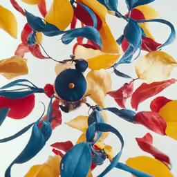 many colored leaves float on the water in the air