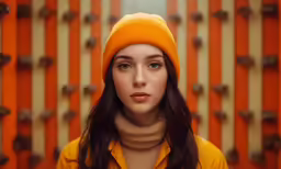 a woman wearing an orange hat posing in front of several wooden door