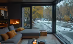 the living room is equipped with a large sectional sofa and a fire place