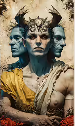 a collage of four people with faces and animals on them