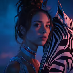 a woman standing next to a black and white zebra