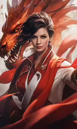 a woman in red holds a sword and has an orange dragon