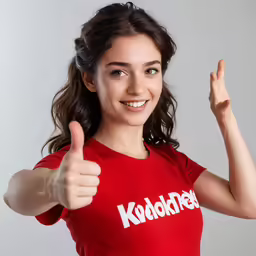 a woman with a thumbs up while wearing a red t shirt