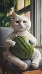 a cat sits on a chair with an extra large green object
