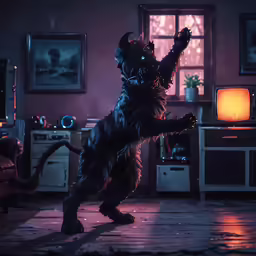 a person standing on his hind legs and reaching up with their hands, while an animal stands, with its back paws raised