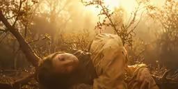 a child laying down on the ground by some trees