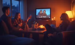 a group of people sitting around a television watching tv