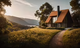 the house in the mountains is next to some trees