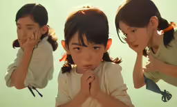 three children in front of a camera and one is holding their hands over her mouth