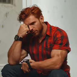 a man sitting on a counter next to a phone
