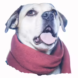 the dog is wearing a red scarf and smiling