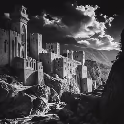 an old castle surrounded by mountains with cloudy skies