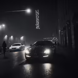 cars parked along a street with a neon sign