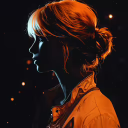 a girl in profile, glowing lights behind her,woman in dark background with glowing light on her face
