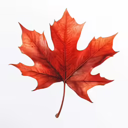 a single red leaf sitting on top of a white table