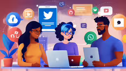 three people working on their computers in front of colorful images,three people are gathered around two laptop computers