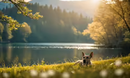 there is a small dog sitting on the grass by a lake