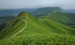 a green slope of hills has a white trail going down one side