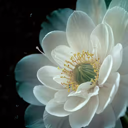 a white flower with a green center is shown,close up view of a white flower with blue background