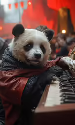 panda bear sitting on top of an electronic keyboard
