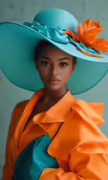 the beautiful lady is wearing a blue hat