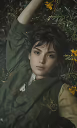 woman in green top laying on the ground surrounded by yellow flowers