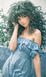 a woman standing with a long, curly hair