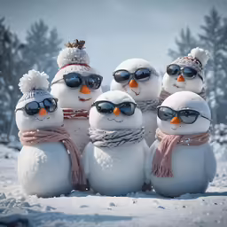 four snowmen wearing sunglasses standing together in the snow