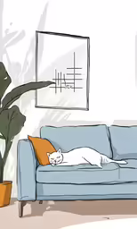 a white cat laying on top of a couch next to a plant