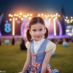 a young girl sitting in a field wearing a dress with flowers