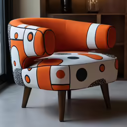 an orange chair sitting in front of a window
