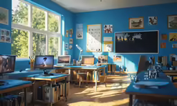 a classroom with a blue wall, laptops and computers