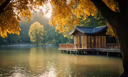 a wooden house sits on top of the water
