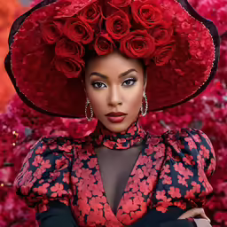 a woman in an orange and black dress with red flowers on her head
